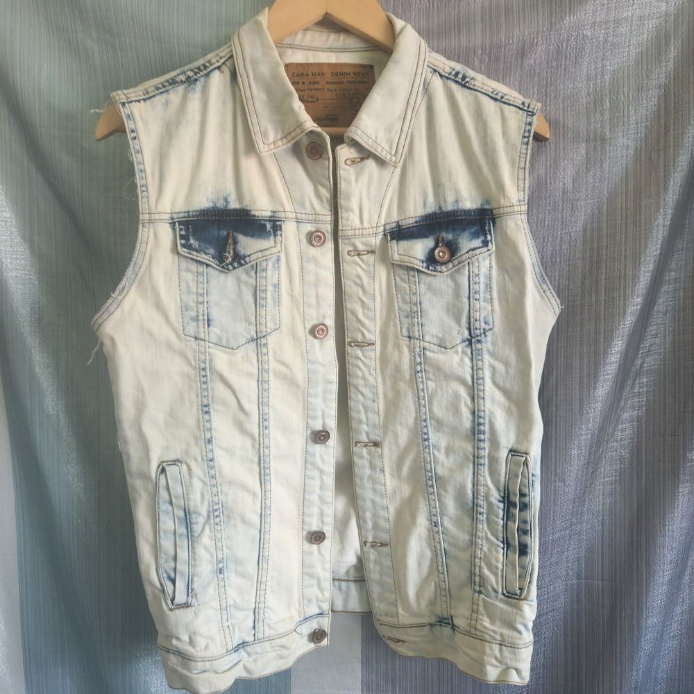 Zara Man Denim Wear Light Acid Wash Distressed Jean Vest S/M 90s Streetwear